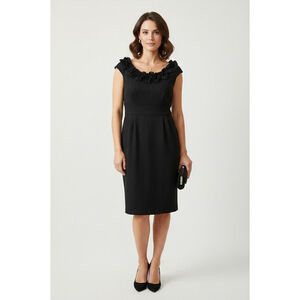 London Times Petite Black Ruffle Neck Sheath Dress 12P